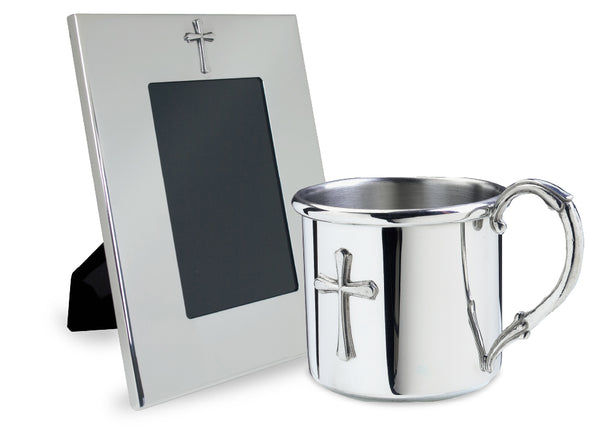 Salisbury Easton Pewter Baby Cup & Frame set in Cross