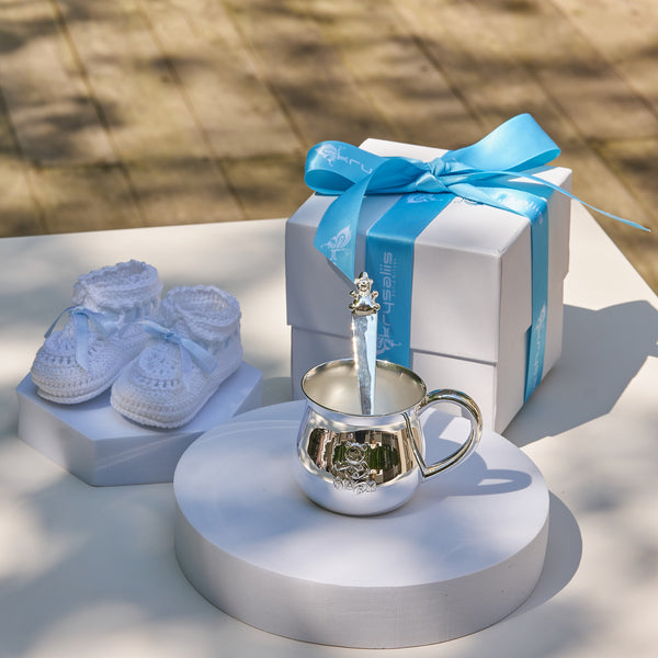Krysaliis Sterling Silver Baby Cup and Spoon Set - Teddy Embossed