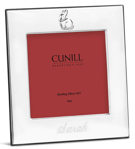 Engraved Example of Cunill Bunny Sterling Silver 4x4 Frame With Mahogany Back