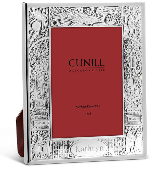 Engraved Example of Cunill Stork 3x5 Silver Plated Birth Record Frame
