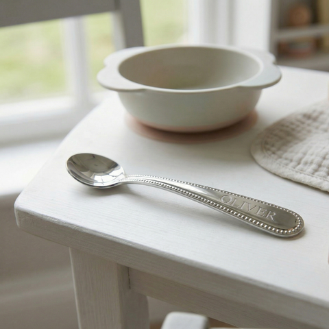 Krysaliis Premium Beaded Baby Feeding Spoon in Silver Plate