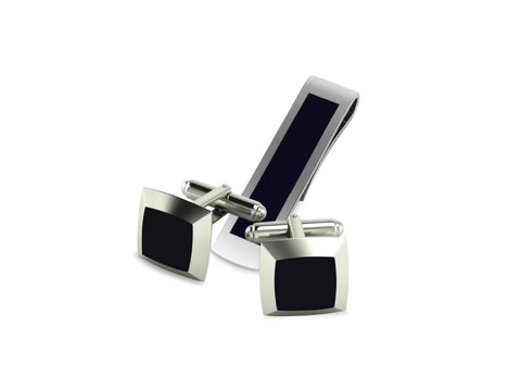 Krysaliis Sterling Silver Moda Black Square Cufflink & Tie Clip Set