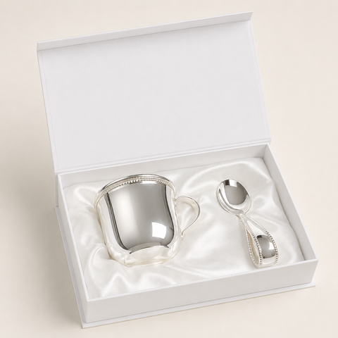 Krysaliis Silver Plate Beaded Cup & Spoon Baby Gift Set