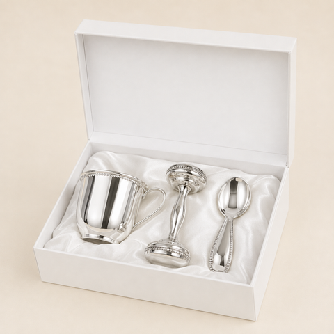 Krysaliis Silver Plate Beaded 3 Piece Baby Gift Set