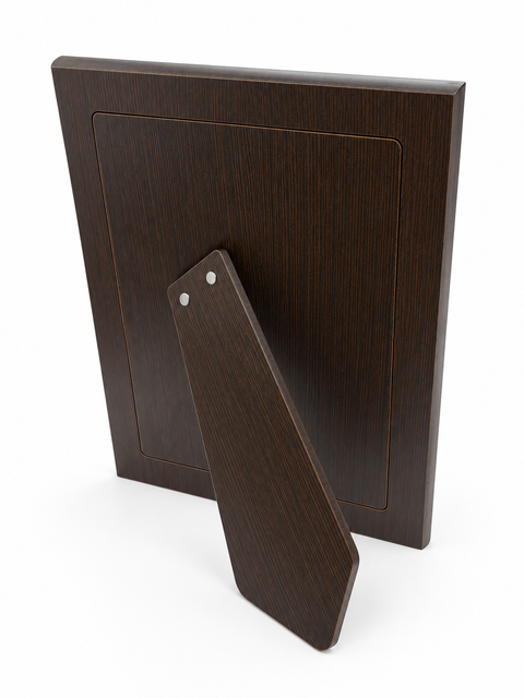 Dark brown wooden picture frame with an integrated kickstand, shown from the back on a white background.