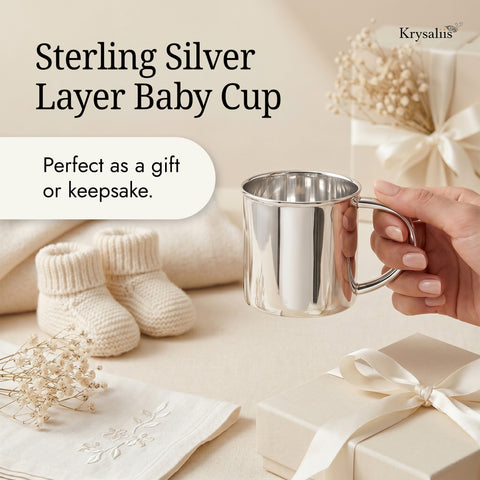 Krysaliis Classic Silver Baby Cup — Sterling Silver Layer, Personalized Engraved Baby Keepsake Gift