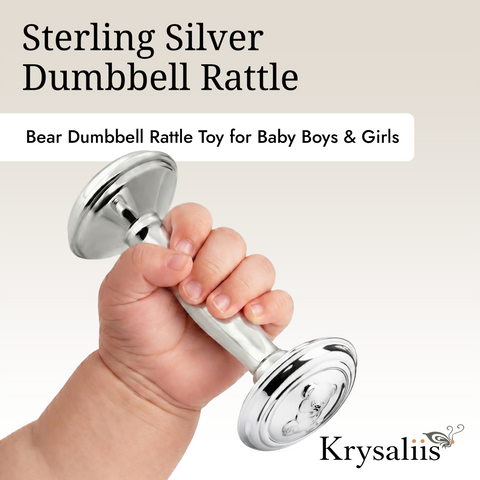 Krysaliis Sterling Silver Bear Dumbbell Baby Rattle