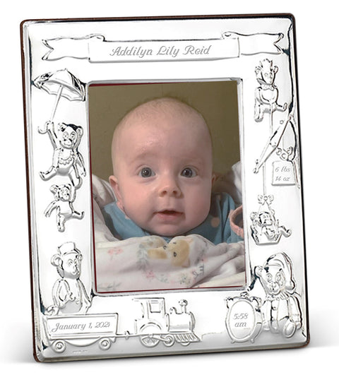Cunill Teddy Train Birth Record 3x5 Sterling Silver Picture Frame