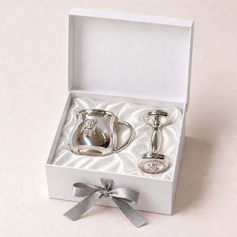 Krysaliis High Micron Sterling Silver Baby Teddy Embossed Cup & Rattle Set