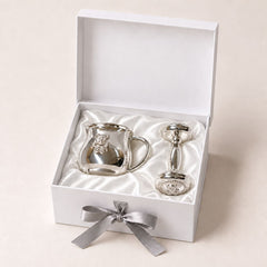 Krysaliis High Micron Sterling Silver Baby Teddy Embossed Cup & Rattle Set
