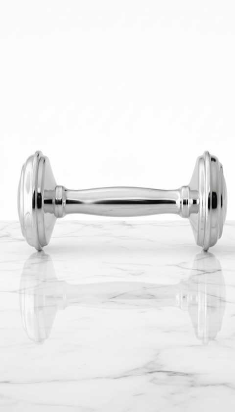 Silver dumbbell on a white marble surface