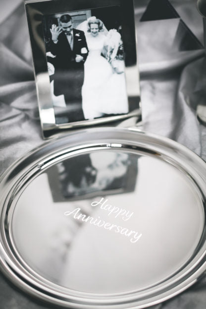 Silver anniversary guest book tray with 'Happy Anniversary' engraving
