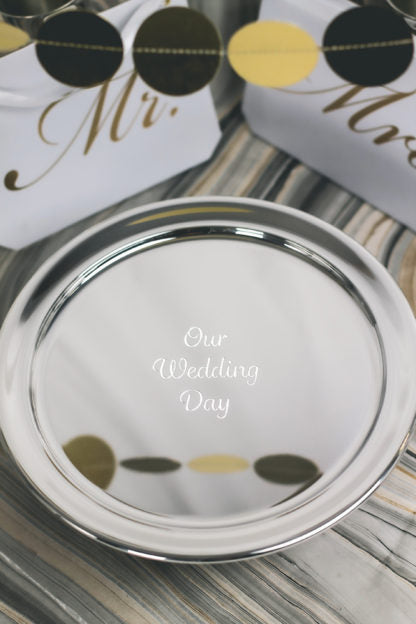 Exquisite guest book tray with intricate detailing and silver finish