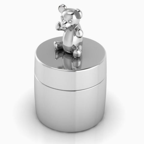 Krysaliis Sterling Silver Keepsake Box with Teddy on Top View 1