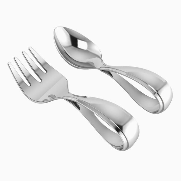 Krysaliis Bent Curved Sterling Silver Baby Spoon & Fork Set View 1