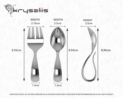 Krysaliis Bent Curved Sterling Silver Baby Spoon & Fork Set Measurements