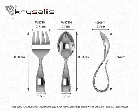 Krysaliis Beaded Loop Sterling Silver Baby Spoon & Fork Set Measurements