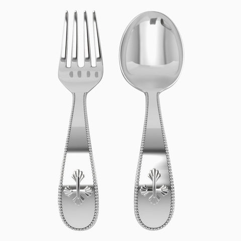 Krysaliis Sterling Silver Beaded Cross Baby Spoon & Fork Set View 2