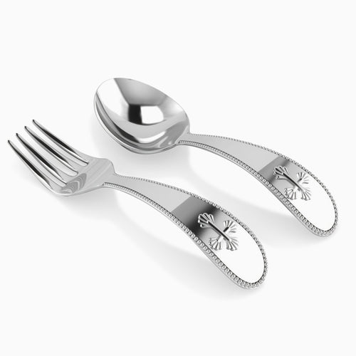 Krysaliis Sterling Silver Beaded Cross Baby Spoon & Fork Set View 1