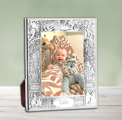 Engravable Cunill Stork 3x5 Silver Plated Birth Record Frame with Baby's Photo Example 2