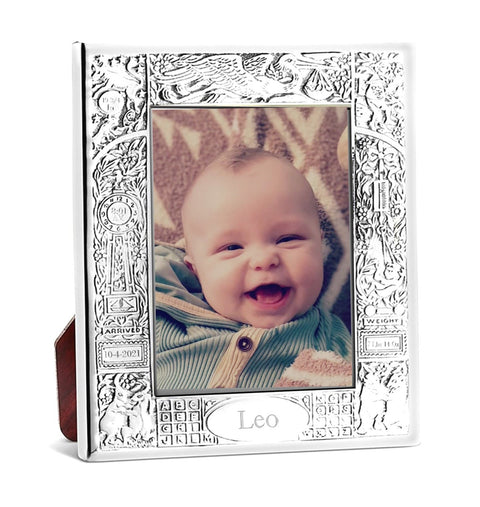 Engravable Cunill Stork 3x5 Silver Plated Birth Record Frame with Baby's Photo Example 1