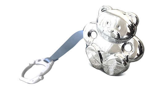 Cunill Teddy Bear Sterling Pacifier Clip (blue ribbon)